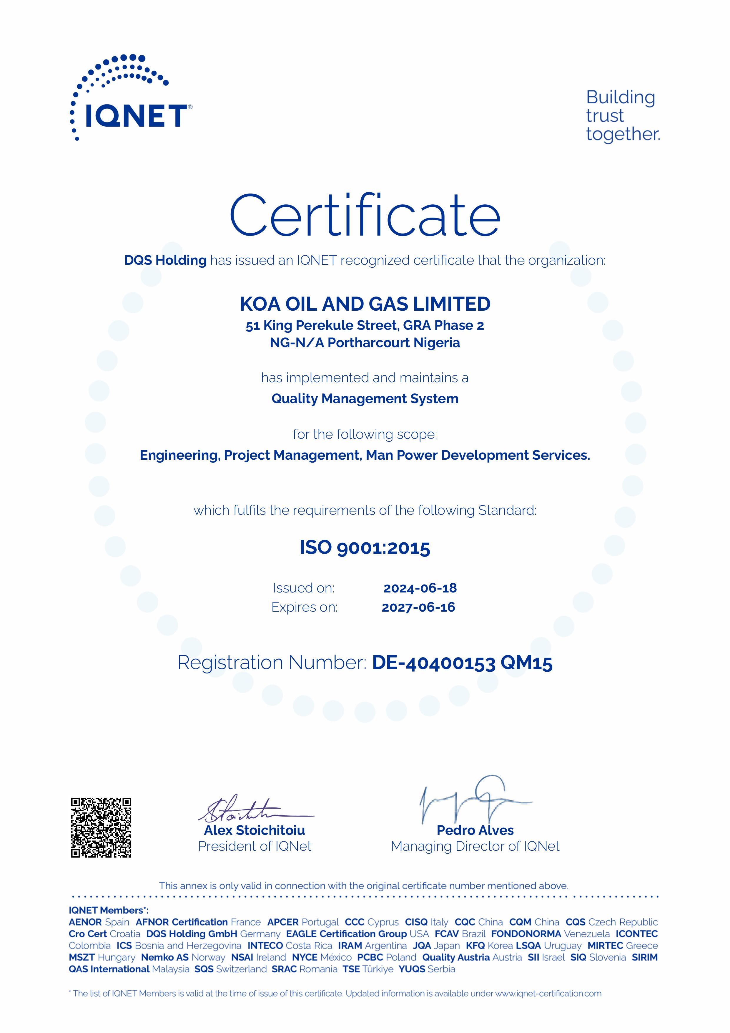 KOA ISO DQS Certificate 2
